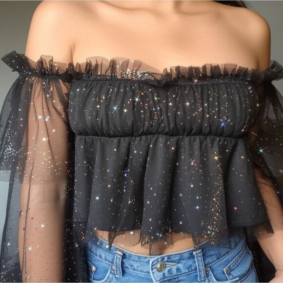 Symphony Black Iridescent Sequin Mesh Ruffle Off-Shoulder Bell Sleeve Top S - Picture 2 of 7